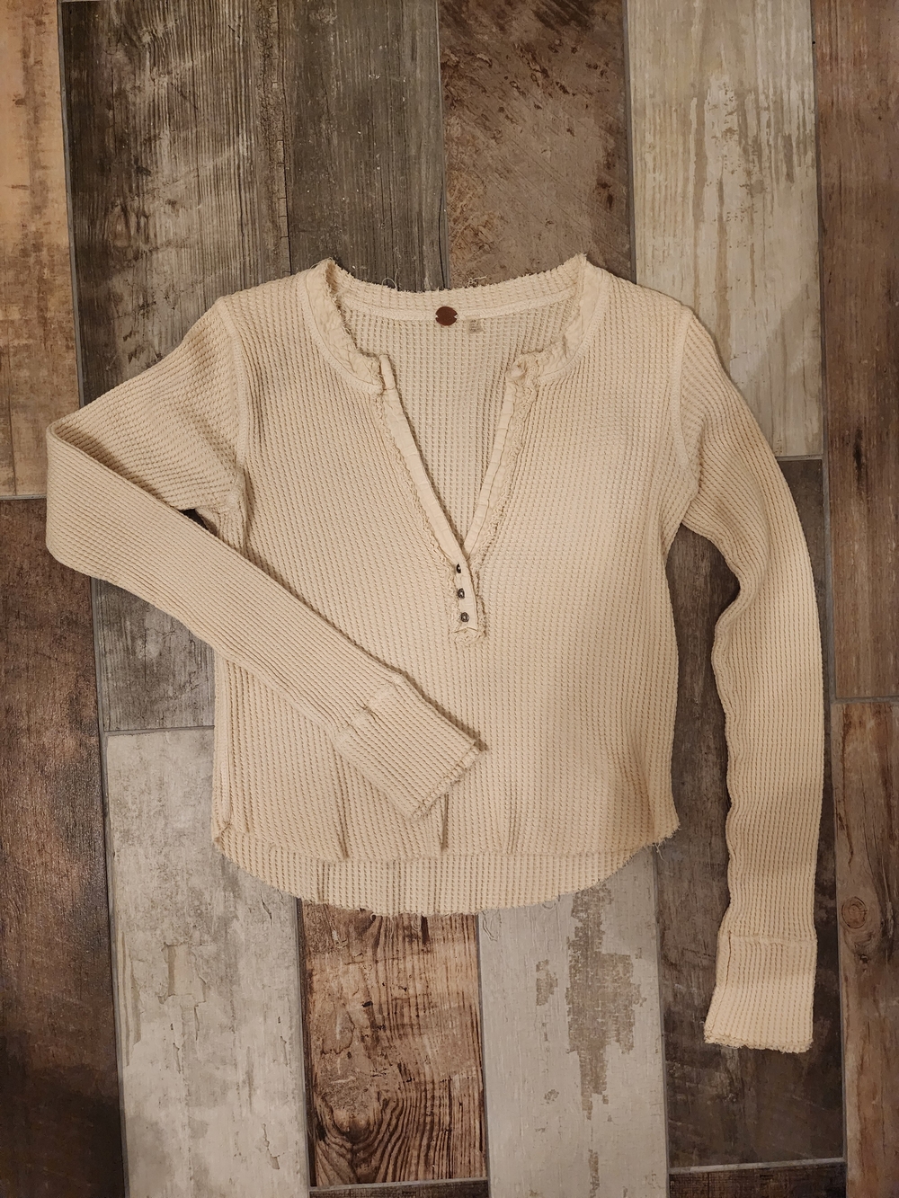 Free People Frayed-Edge Waffle Henley Long Sleeve Top - Cream